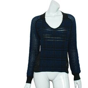 OHNE TITEL Small Mesh Knit Vneck Sweater Blue Black Colorblock